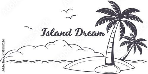 Tranquil island paradise with palm trees and birds flying overhead Vector