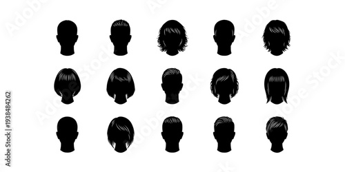 Black hairstyle silhouette icons set featuring diverse haircuts including short styles, bobs, ponytails, layered designs, perfect for fashion, beauty, avatar customization, and creative projects