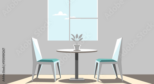 Minimalist dining table with two chairs and a potted plant.
