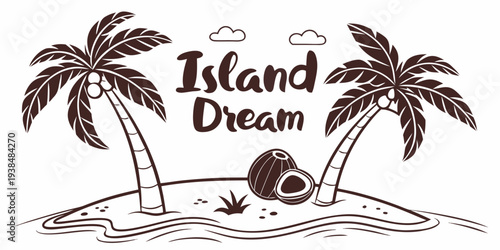 Palm trees swaying gently on a tropical island beach at sunset. Vector