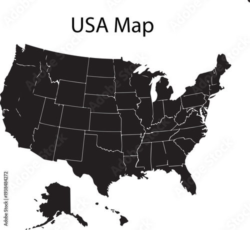 USA Map Silhouette with State Borders – Black and White United States Map Vector Illustration