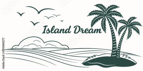 A serene island landscape with palm trees and a calm ocean view Vector