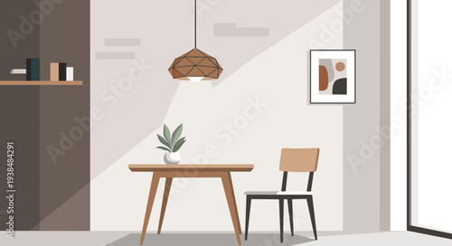 Minimalist dining table and chair with plant in a modern interior.