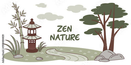 A serene landscape featuring a traditional house amidst lush greenery and trees. Vector