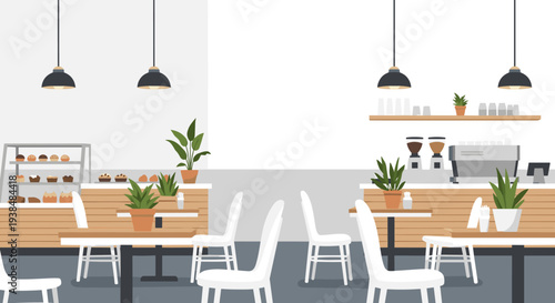 Modern cafe interior with wooden counters and white chairs.