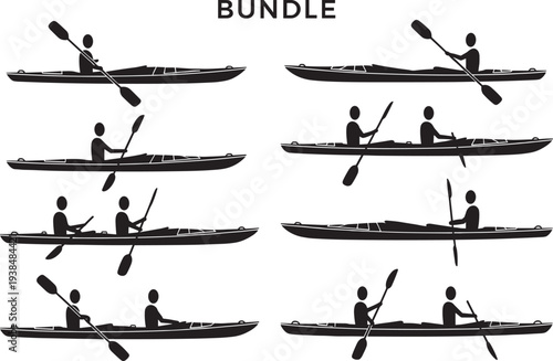 Collection of kayaking silhouette vector illustrations featuring single and double paddlers in various positions, outdoor adventure sports bundle design for 