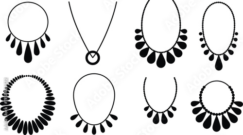 Collection of elegant necklace silhouettes including pearl strings, pendant chains, beaded jewelry designs, and fashion accessory icons for graphic design projects.