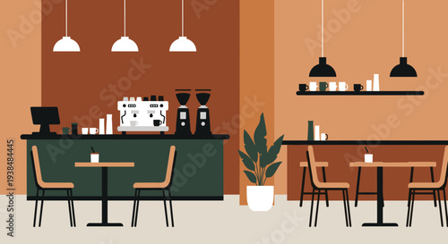 Modern Coffee Shop Interior with Bar and Seating Area.