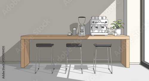Modern Coffee Bar Setup with Espresso Machine and Grinder on Wooden Counter.