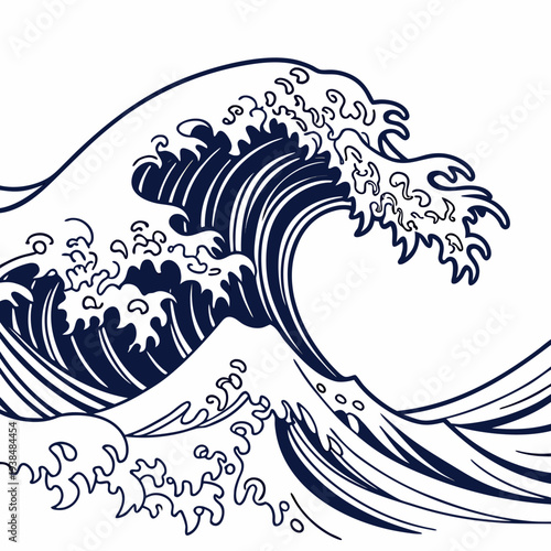 A detailed illustration of a powerful ocean wave crashing against the shore Vector