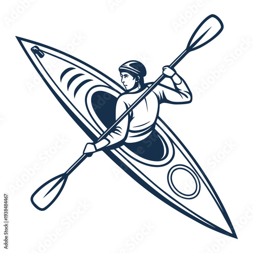 Person in a blue kayak paddling on a calm lake with a scenic background Vector