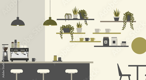 Modern Coffee Shop Interior with Bar Stools and Espresso Machine.