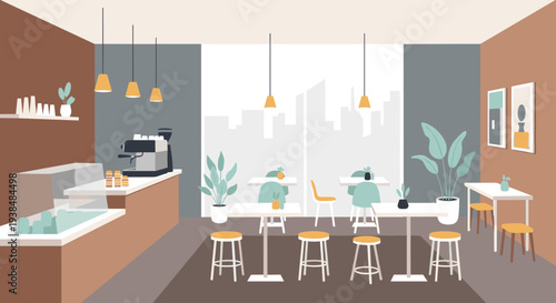 Modern Coffee Shop Interior with Bar Stools and Counter.