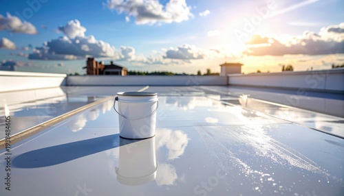 White paint bucket standing on a reflective white roof surface under a bright blue sky with soft white clouds at sunset