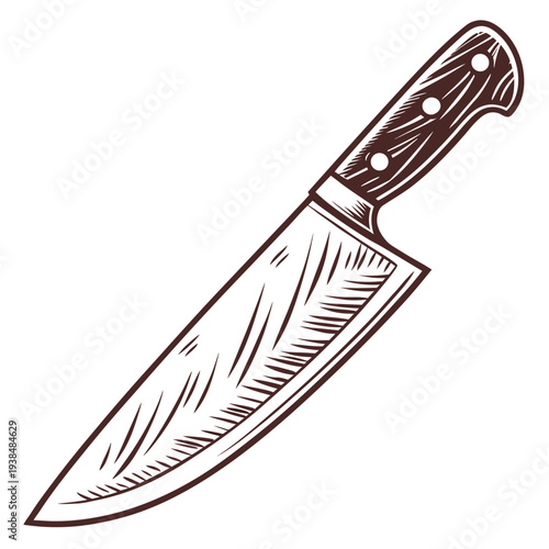 A sharp chef's knife with a wooden handle resting on a white background. Vector