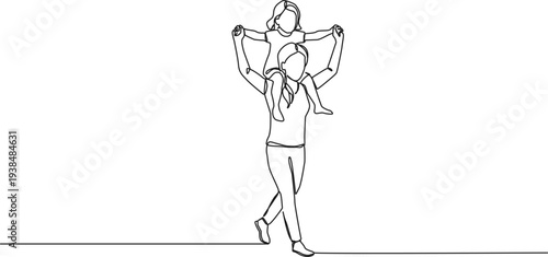 continuous line drawing of mother carrying daughter on shoulders, line art vector illustration
