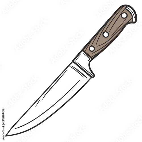 A sharp chef's knife with a wooden handle and a long, pointed blade. Vector