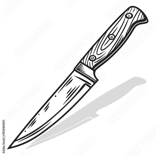 A close-up view of a knife with a wooden handle and a sharp blade Vector