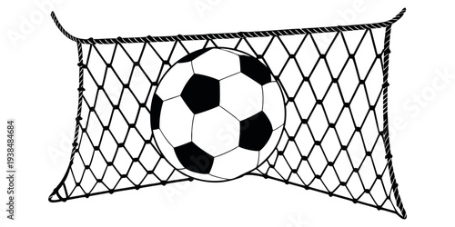 Soccer ball in goal net black and white illustration