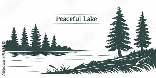 A serene lakeside scene with tall pine trees and a calm water surface Vector