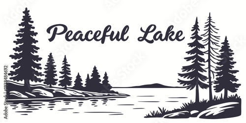 A serene lakeside scene with tall pine trees and a majestic mountain in the distance Vector