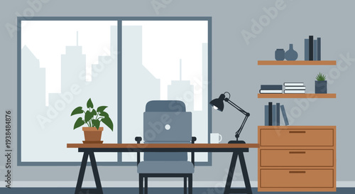 Modern Home Office Setup with Laptop and Desk Lamp.