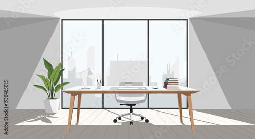 Modern Office Desk with Chair and Plant in a Bright Room.