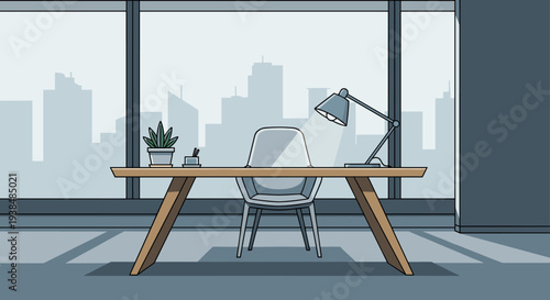 Modern office desk with chair and lamp in a minimalist setting.