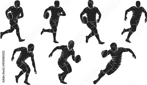 Black and white rugby player silhouettes set running with ball in action poses for sports competition and athletic team design