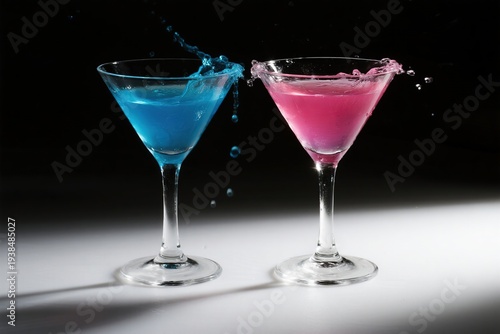 Two martini glasses with colorful drinks