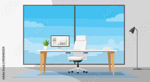 Modern Office Desk with Computer and Chair in a Bright Workspace.