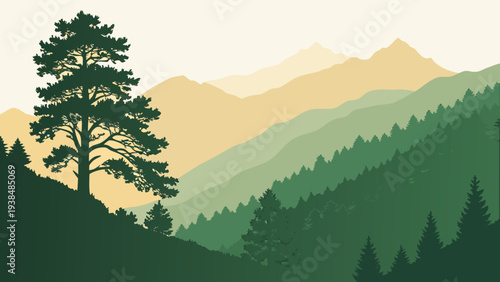 A serene landscape of rolling hills and a solitary tree under a golden sky Vector