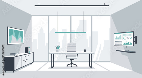 Modern Office Interior with Desk, Chair, and Computer Setup.