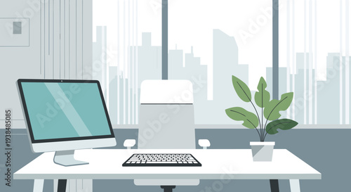 Modern office desk with computer and plant in a bright workspace.