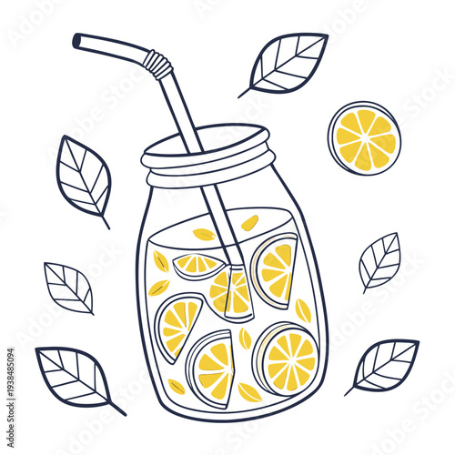 A jar filled with honey and a straw, surrounded by floating leaves and flowers Vector