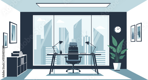 Modern office interior with desk, chair, and city view.
