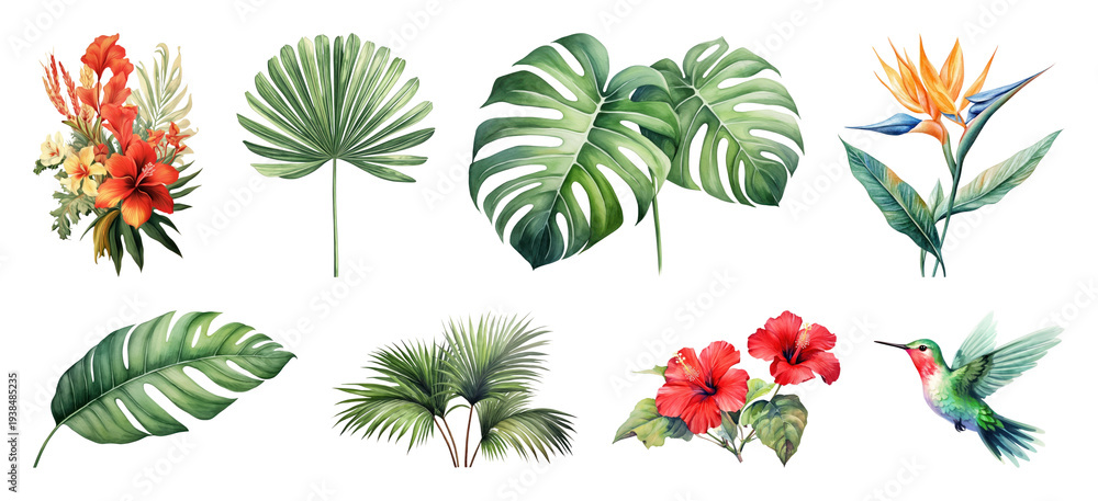 Naklejka premium PNG Tropical floral and fauna illustration on transparent background