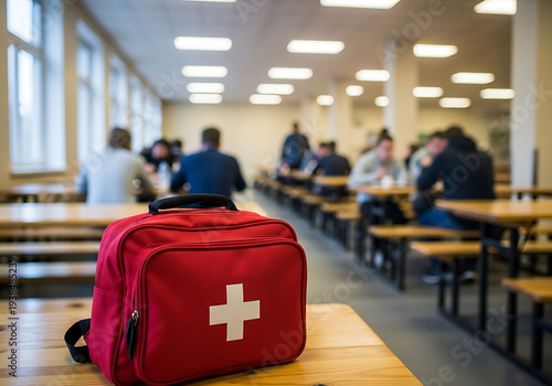 First aid kit on table in school cafeteria with students