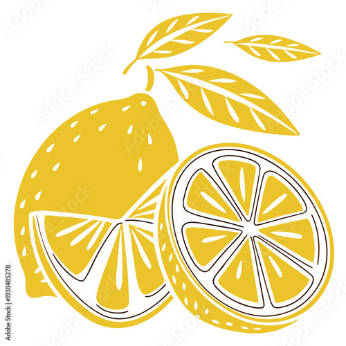 Two slices of lemon with leaves on a white background Vector