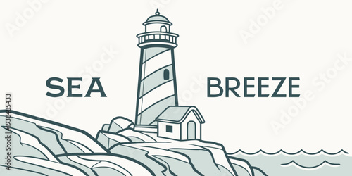 A serene seascape with a lighthouse standing tall on a rocky shore Vector