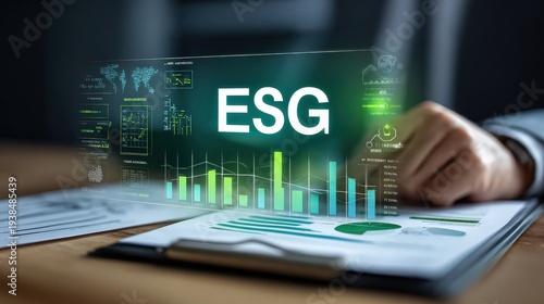 A business professional reviews ESG data and charts, highlighting environmental, social, and governance performance metrics on a digital interface.