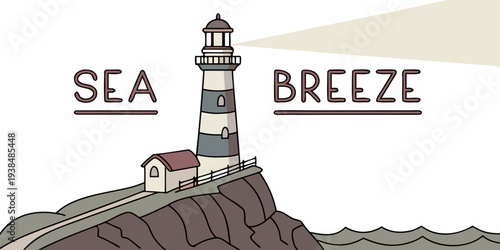 A serene lighthouse standing tall on a rocky shore with a ship sailing in the distance. Vector