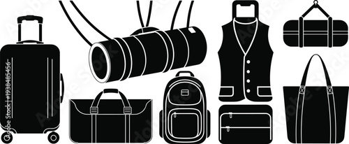 Black and white luggage icons set including suitcase backpack duffel bag travel tote and vest isolated on white background vector