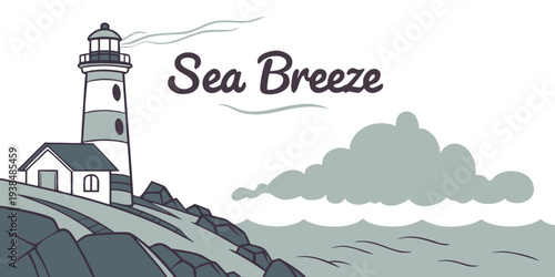 A serene lighthouse standing tall on a rocky shore during a calm sea breeze Vector