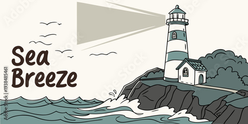A serene seaside scene with a lighthouse and sailboat under a clear sky Vector