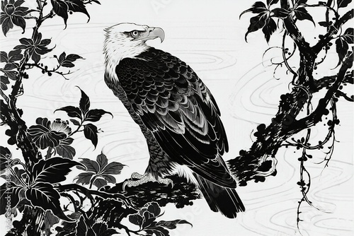 Black and white eagle perched on tree branch