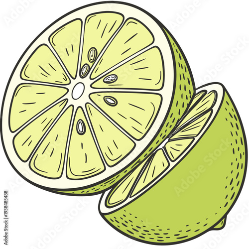 Two halves of a bright green lemon with a slice on top. Vector