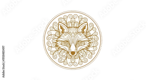 Golden Fox Head Emblem with Intricate Swirls and Dots - Elegant Wildlife Art
