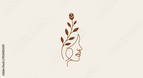 Minimalist Line Art Woman Face with Blooming Plant and Rose Bud