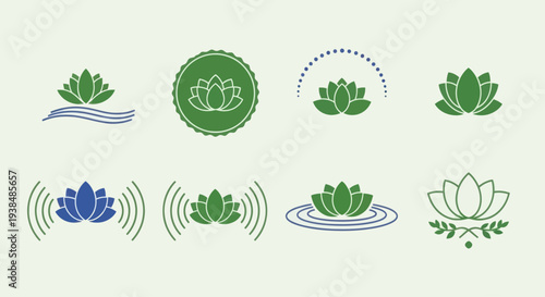 Lotus Flower Icons Set: Zen, Yoga, Spa, Meditation, Wellness, Nature Symbols
